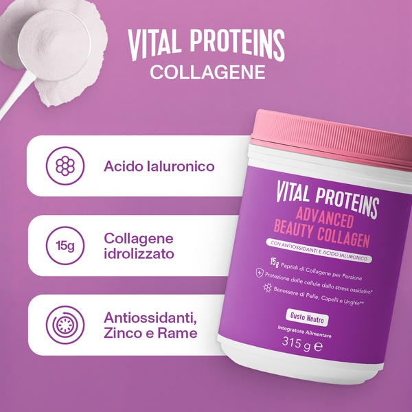 A clean, minimalist 1:1 square ad showcasing the key ingredients and benefits of a collagen powder supplement through clear iconography.
